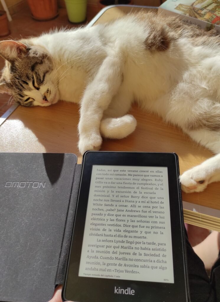 Leyendo en el Kindle mientras mi gata me pide mimitos en la tripa