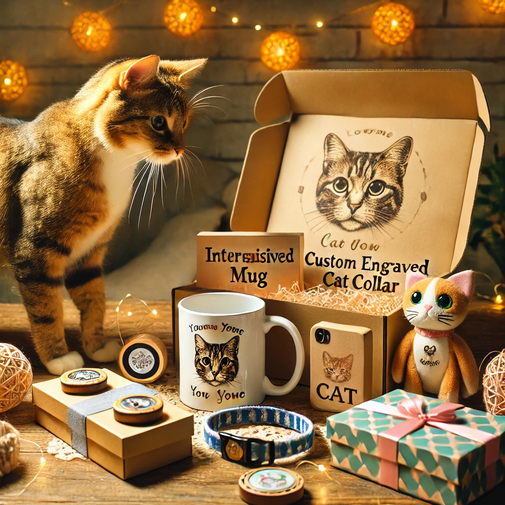 Un conjunto de regalos para dueños de gatos, que incluye una taza personalizada, juguetes interactivos, un collar grabado y una caja de regalo temática con diseños de gatos. Todo presentado en un entorno acogedor, con un gato curioso explorando los objetos.