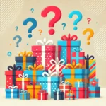 Ilustración colorida de paquetes de regalo con signos de interrogación flotando, ideal para representar ideas de regalos para lectores.