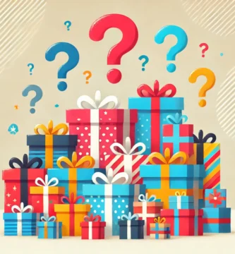 Ilustración colorida de paquetes de regalo con signos de interrogación flotando, ideal para representar ideas de regalos para lectores.