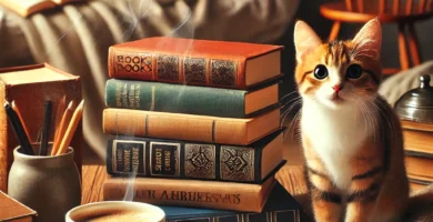 Una pila de libros sin texto en los lomos, acompañada de una taza de café caliente y un gato curioso sobre una mesa de madera, en un entorno cálido y acogedor con iluminación suave.