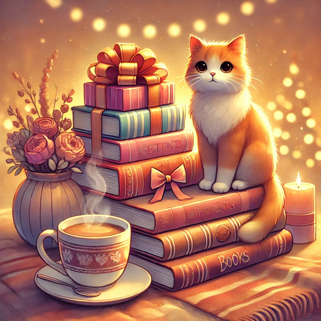 a cat sitting on a stack of books