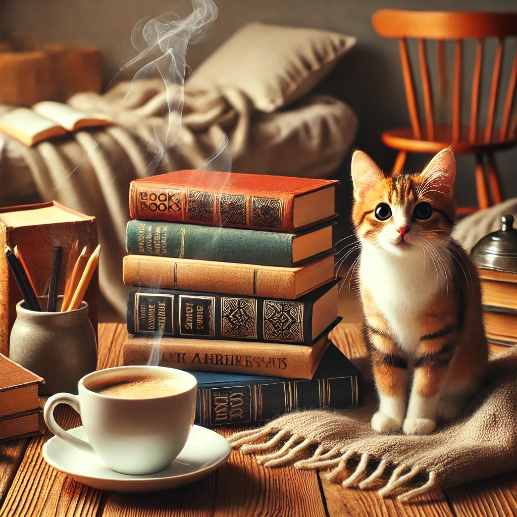 Una pila de libros sin texto en los lomos, acompañada de una taza de café caliente y un gato curioso sobre una mesa de madera, en un entorno cálido y acogedor con iluminación suave.