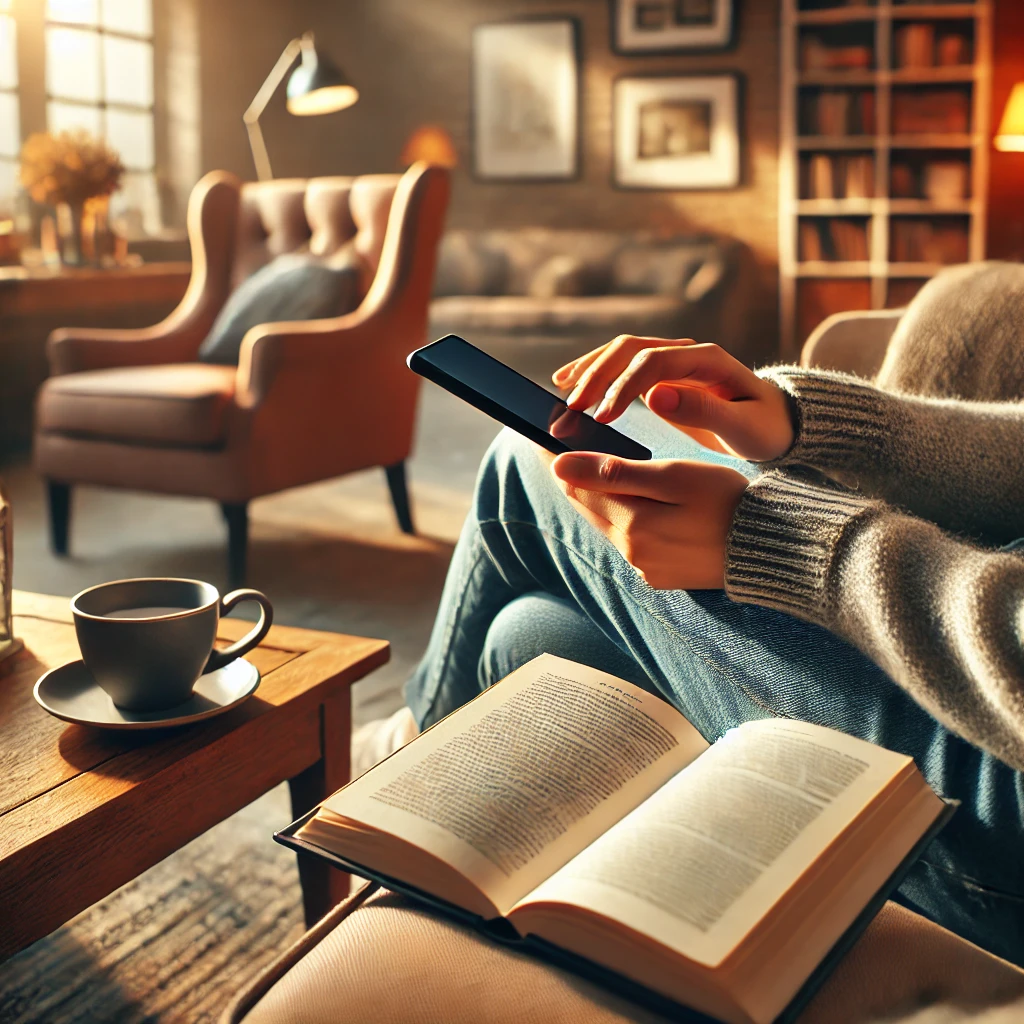 Una joven mujer en un ambiente relajado, leyendo un libro con un móvil en la mano, en un cómodo salón.