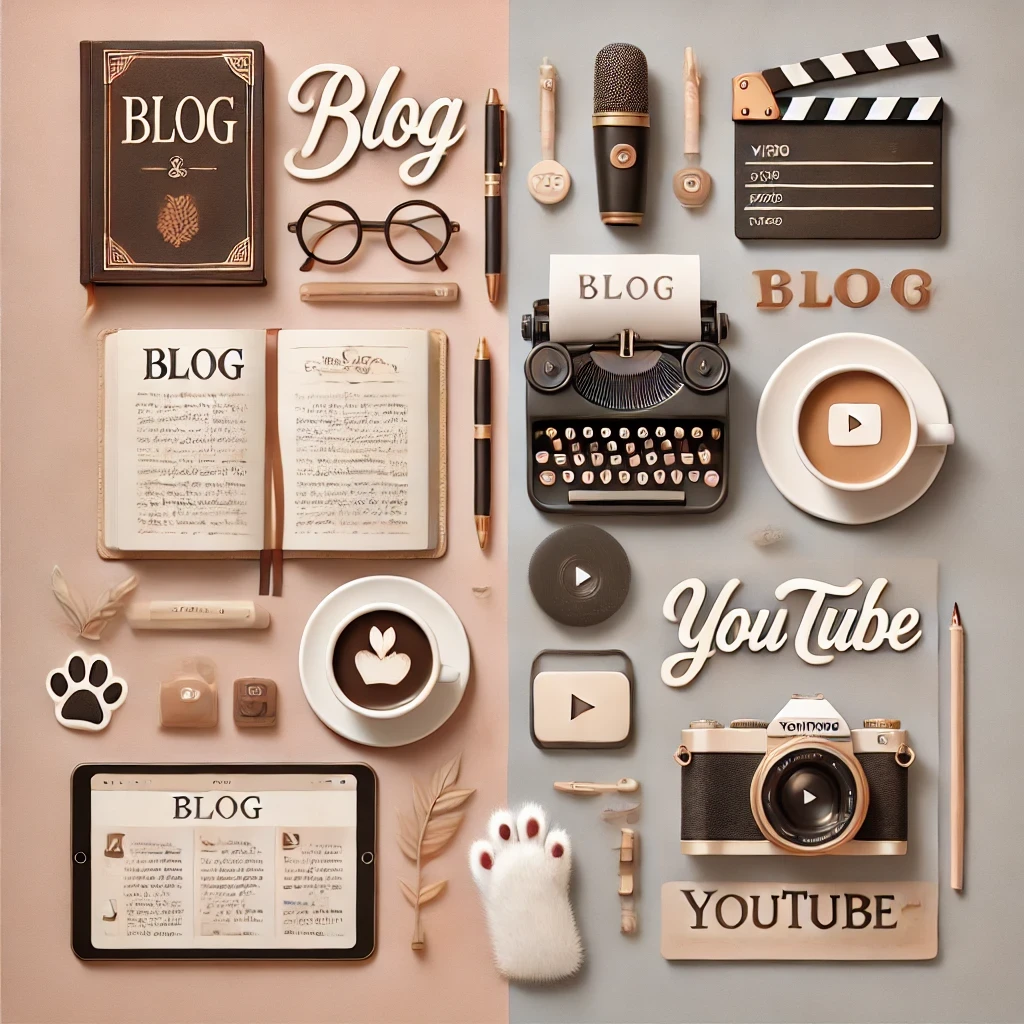 a collage of objects and objects related to reading blog and Youtube channel