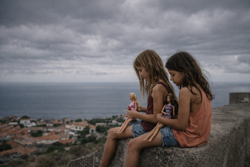 Niñas con muñecas en la costa.