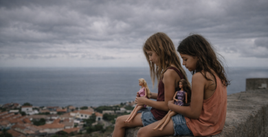 Niñas con muñecas en la costa.