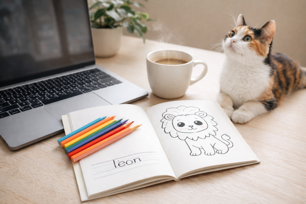 Gato, café, libro de colorear.