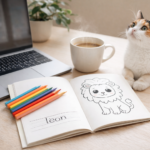 Gato, café, libro de colorear.