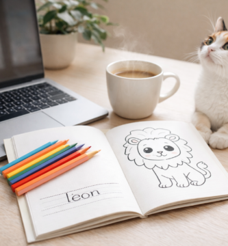 Gato, café, libro de colorear.