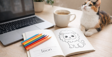 Gato, café, libro de colorear.