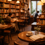 Cafetería acogedora con libros y café.