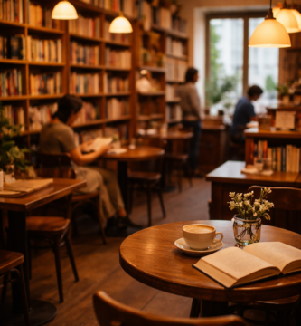 Cafetería acogedora con libros y café.