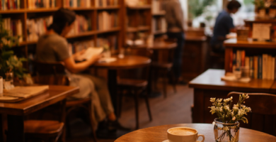 Cafetería acogedora con libros y café.