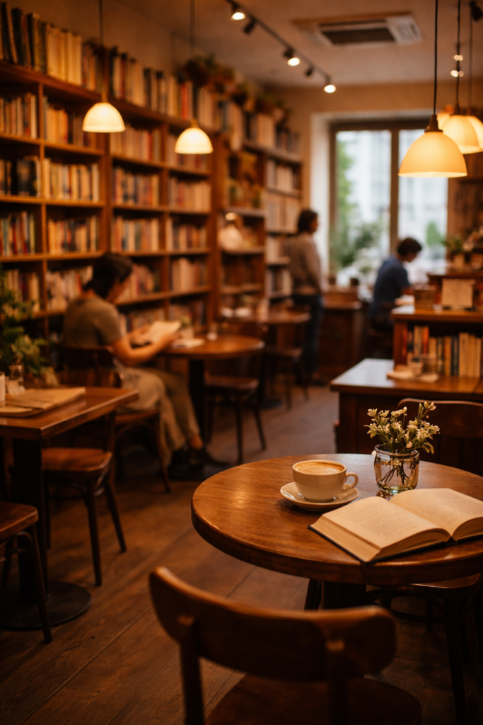 Cafetería acogedora con libros y café.