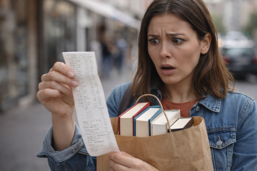 Chica mirando asustada su ticket de compra