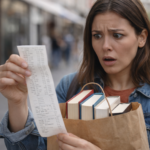 Chica mirando asustada su ticket de compra