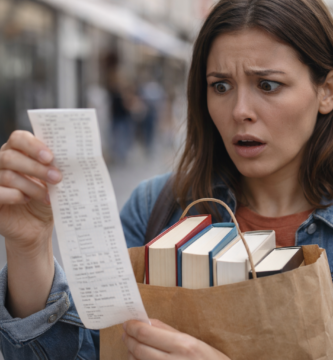 Chica mirando asustada su ticket de compra